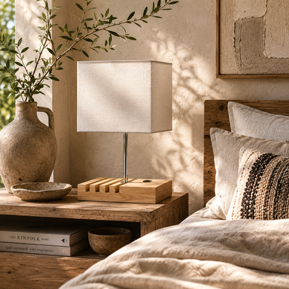 Hael Wood And Fabric White Bedside Table Lamp With USB Charging Ports Phone Stands And Fabric Shade