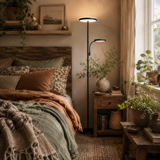 Madoli Metal Black LED Uplighter Floor Lamp With Reading Arm Scene Modes And Remote Control