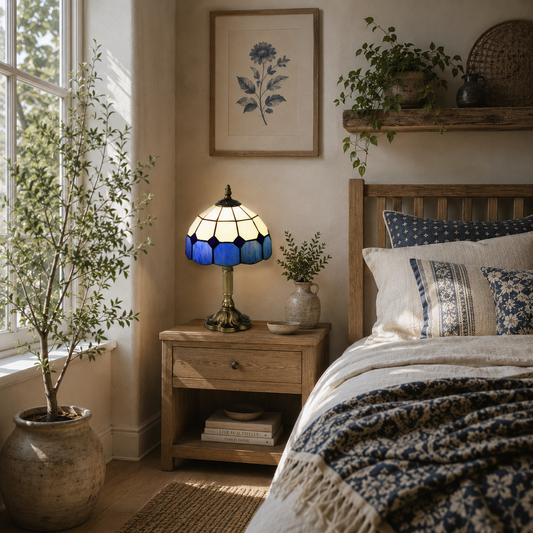 Lonema Glass And Metal White And Blue Art Deco Style Table Lamp