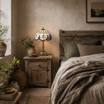 Repatto Glass And Metal Blue Handcrafted Stained Glass Table Lamp