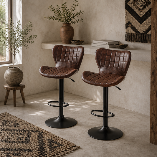 Setora Set Of 2 Faux Leather Brown Adjustable Bar Chairs With Backrest And Footrest
