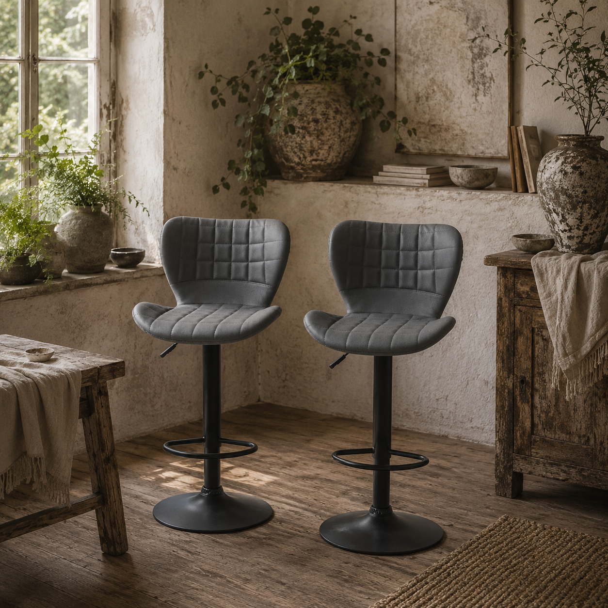 Patari Set Of 2 Faux Leather Grey Adjustable Bar Chairs With Backrest And Footrest