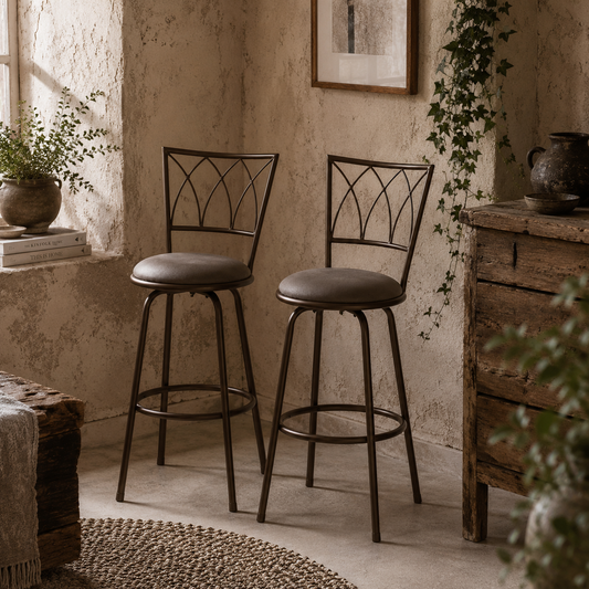 Firazi Set Of 2 Bronze Swivel Bar Chairs With Upholstered Seats And Footrests