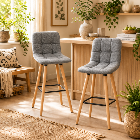 Surmi Set Of 2 Fabric Grey Button Tufted Counter H8 Bar Chairs With Wood Legs
