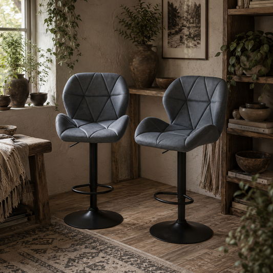 Samori Set Of 2 Upholstered Dark Grey Adjustable Swivel Bar Stools With Back Support