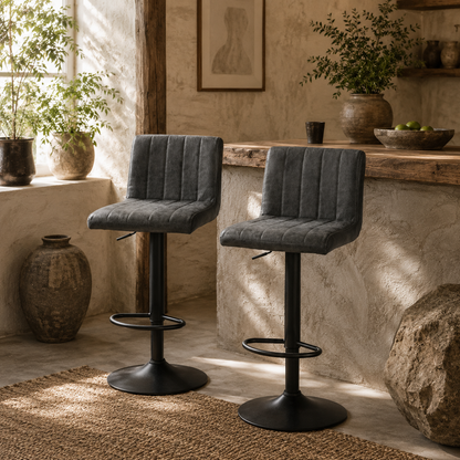 Ralava Set Of 2 Faux Leather Grey Adjustable Swivel Bar Stools With Footrests