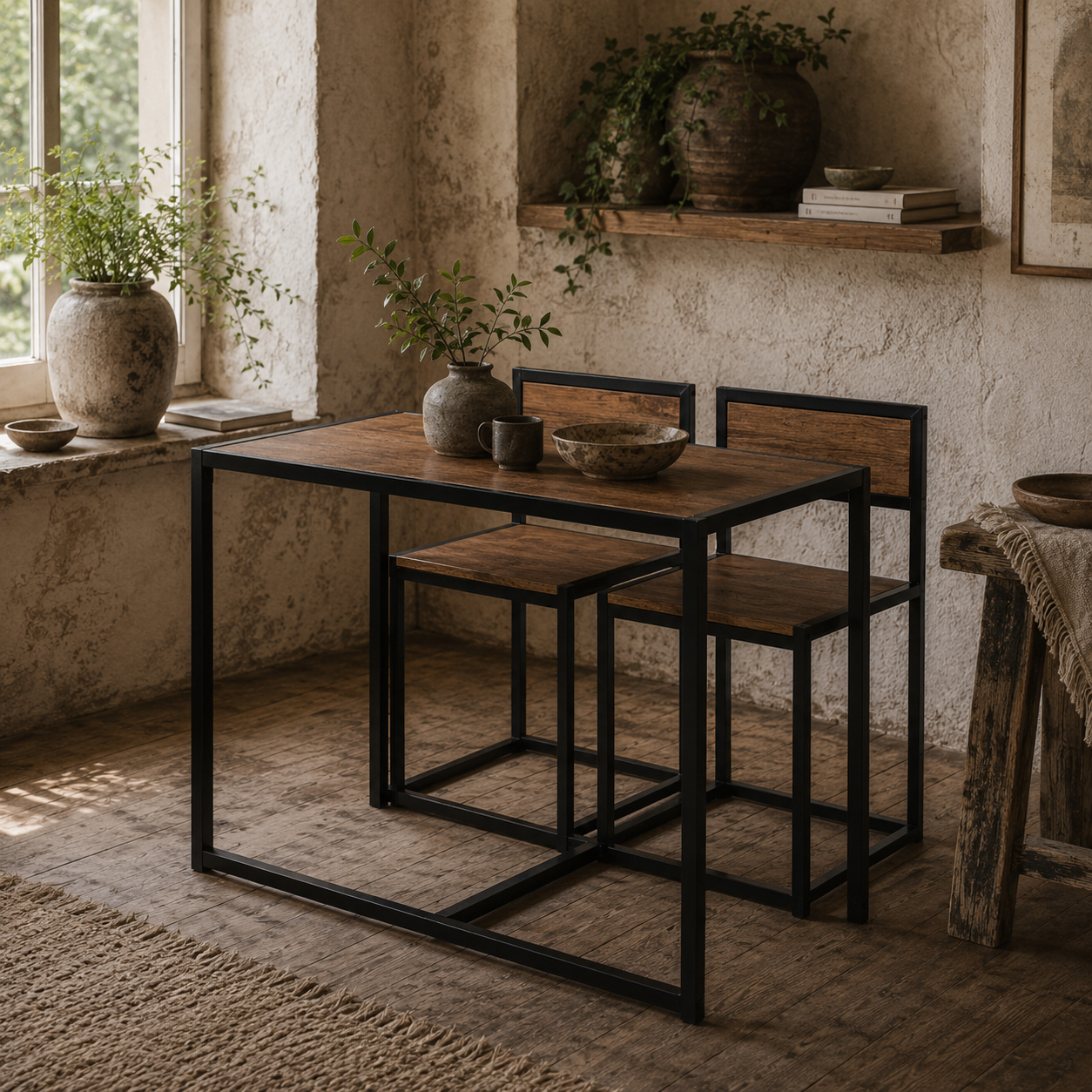 Lottopa Metal And Wooden Natural Compact Dining Table And Chair Set For Small Kitchens