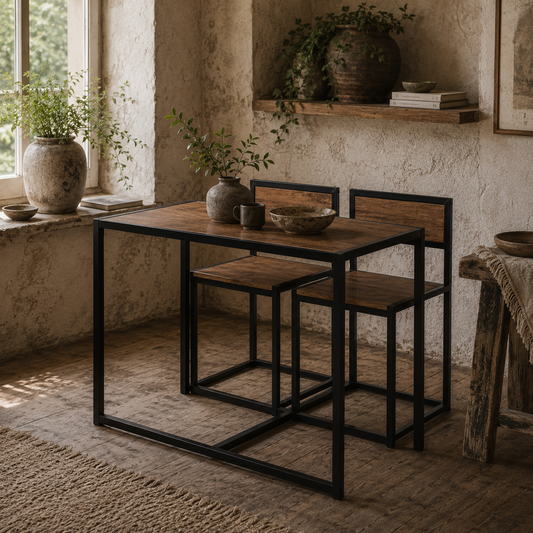 Lottopa Metal And Wooden Natural Compact Dining Table And Chair Set For Small Kitchens