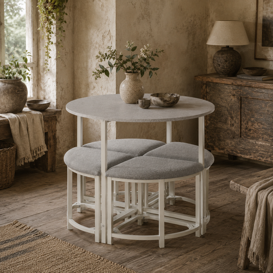 Bavino Metal And Fabric Grey Round Dining Table With 4 Upholstered Stools