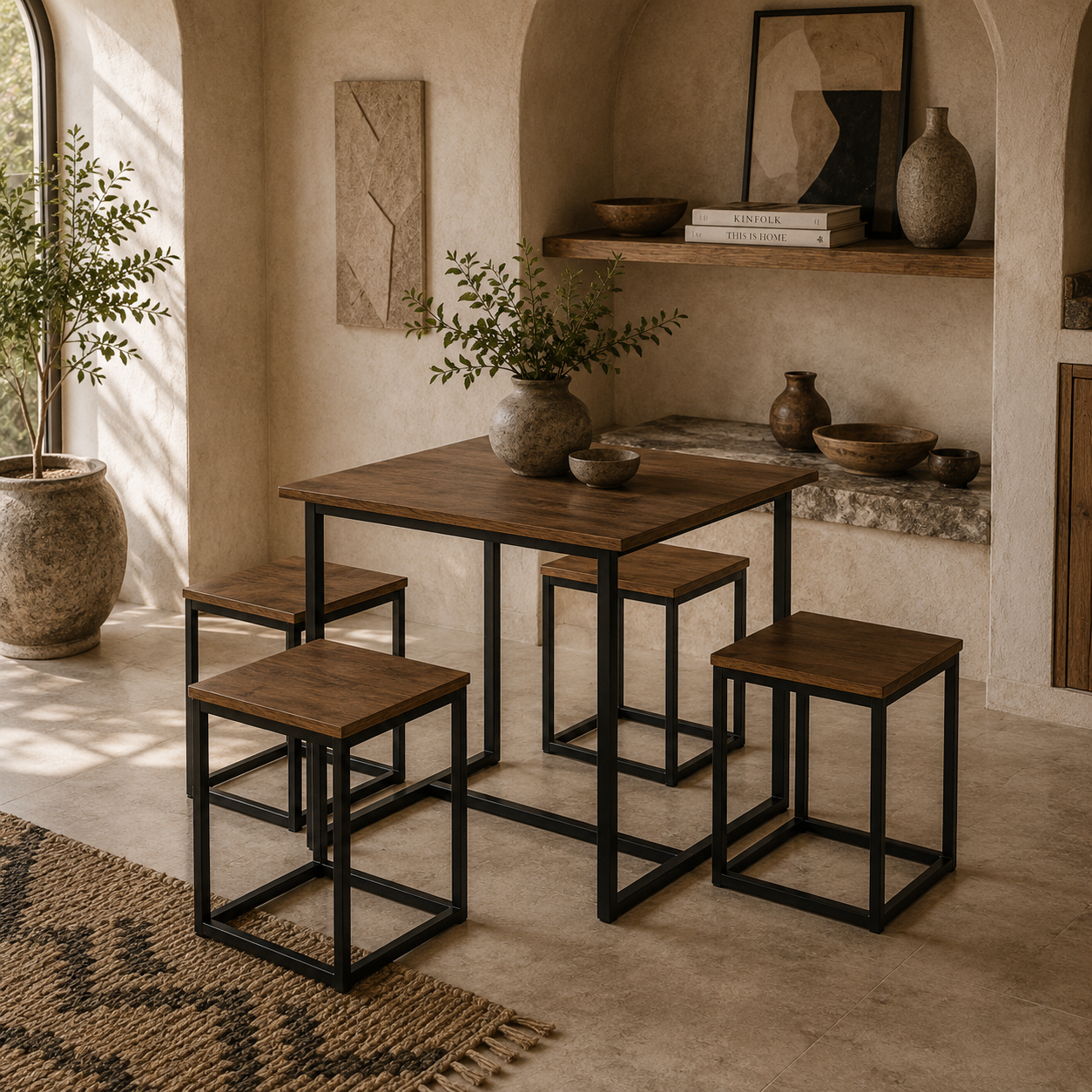 Sajonia Metal And Wooden Brown 5 Piece Industrial Dining Table And Stool Set