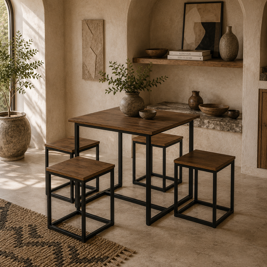 Sajonia Metal And Wooden Brown 5 Piece Industrial Dining Table And Stool Set
