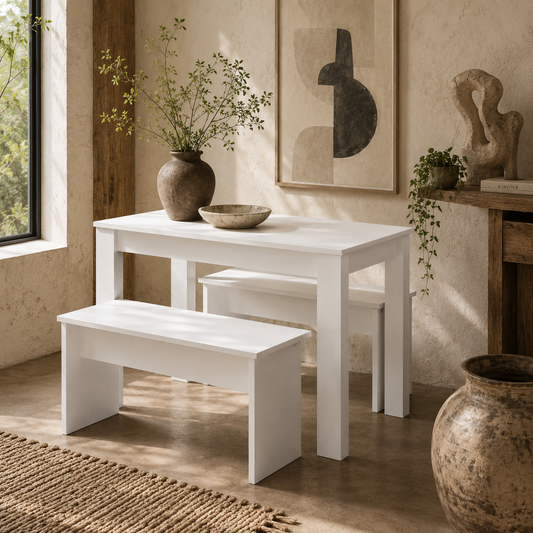 Sono Wooden White Dining Table With 2 Benches For Compact Spaces