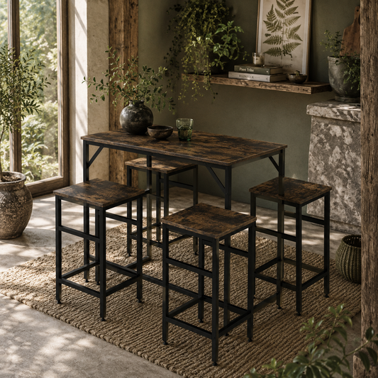Vimose Wooden Rustic Brown 5 Piece Breakfast Bar Table And Stool Set