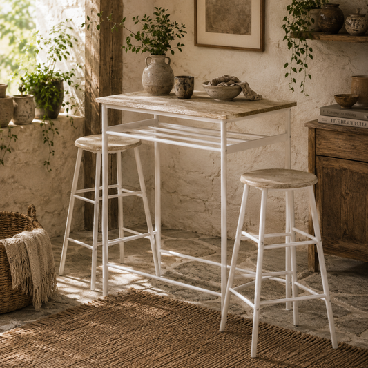 Fira Rodo Metal And Wooden White And Oak Breakfast Bar Table And Stool Set With Storage