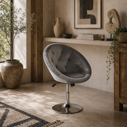 Vefi Fabric Grey Adjustable Velvet Vanity Stool With Tufted Seat And Swivel Base