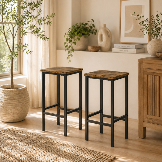 Latzse Set Of 2 Rustic Brown Industrial Counter H8 Bar Stools With Footrest