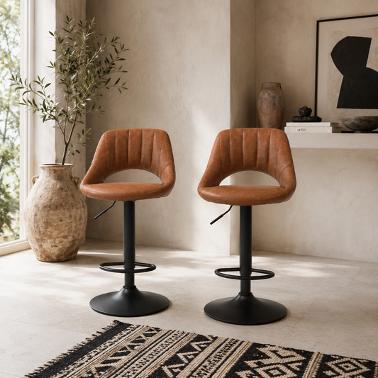 Palosa Set Of 2 Brown Faux Leather Swivel Bar Chairs With Backrest And Footrest