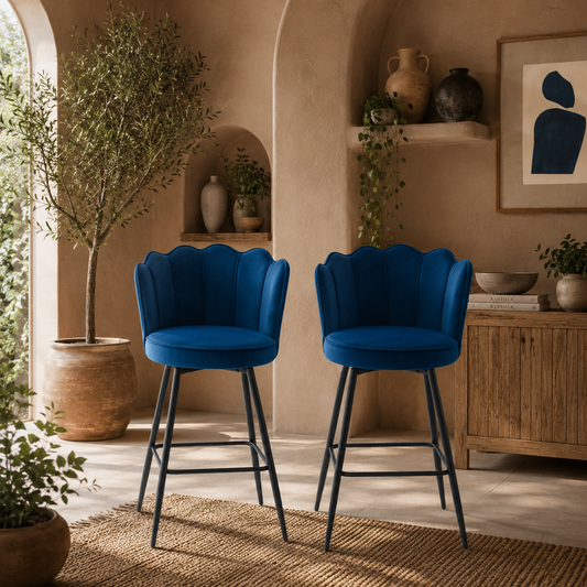 Yovafi Set Of 2 Dark Blue Velvet Upholstered Lotus Style Bar Stools