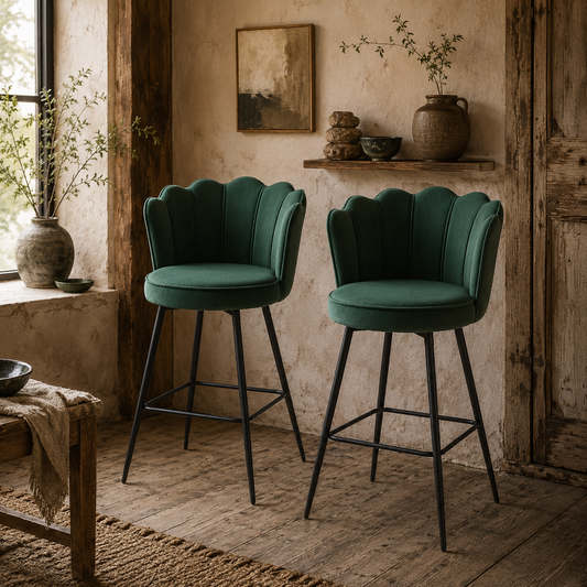 Ralu Velvet Dark Green Lotus Style Bar Stools Set Of 2 With Sculpted Seat