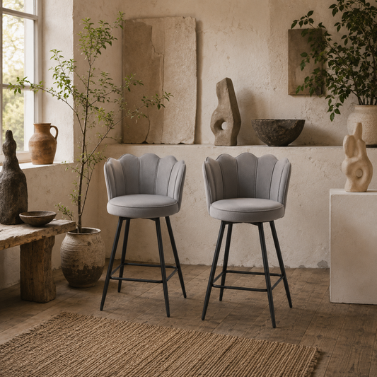 Ramette Velvet Grey Lotus Style Bar Stools Set Of 2 With Sculpted Seat