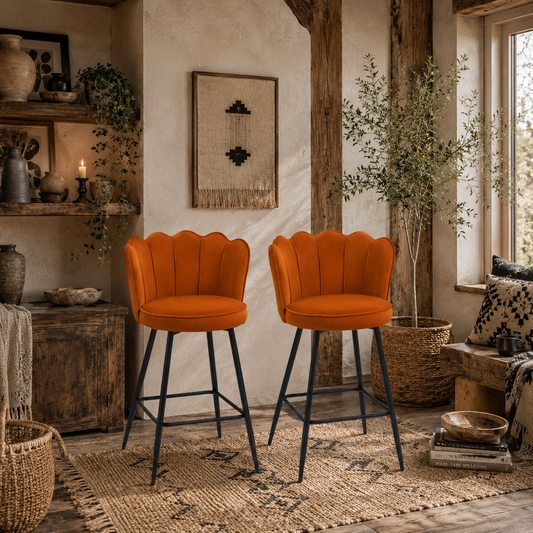 Nivi Set Of 2 Orange Velvet Upholstered Lotus Design Bar Stools