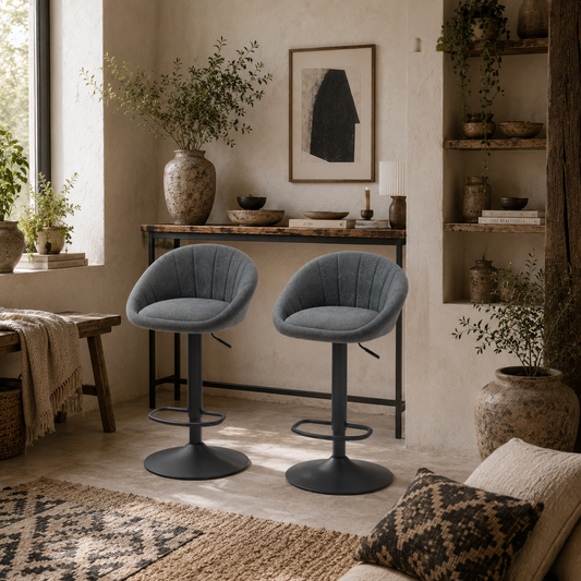 Elfare Dark Grey Fabric Relaxed Tub Bar Stools Set Of 2 With Curved Seat