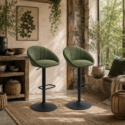 Spetti Fabric Dark Green Relaxed Tub Bar Stools Set Of 2 With Curved Seat