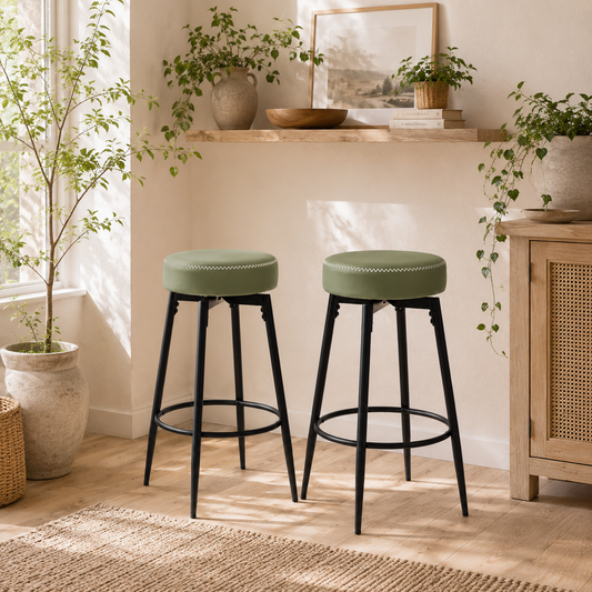 Rivali Faux Leather Green And Black Bar Stools Set Of 2 With Footrests