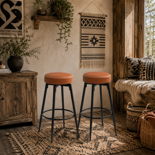 Mativa Faux Leather Brown And Black Bar Stools Set Of 2 With Footrests