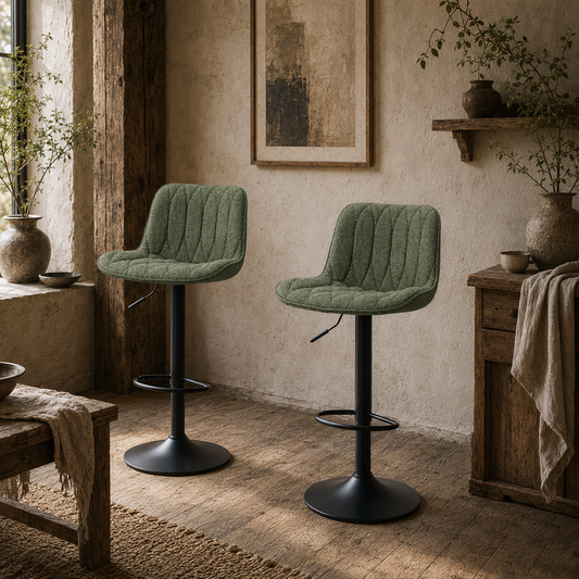 Kali Fabric Green Adjustable Linen Look Bar Stools Set Of 2