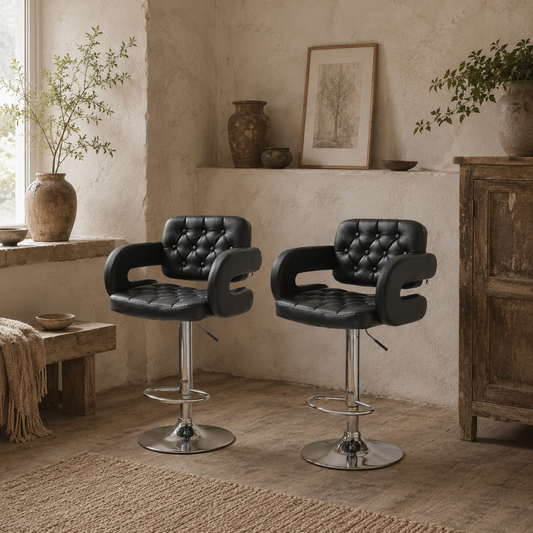 Hafi Rino Faux Leather Black Adjustable Swivel Bar Stools Set Of 2 With Back And Arm Support