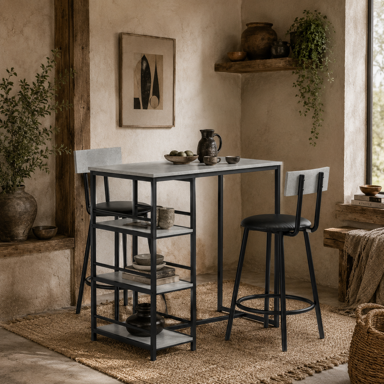 Raco Sera Wooden Grey And Black 3 Piece Kitchen Dining Set With Integrated Shelving