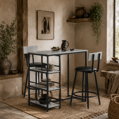 Raco Sera Wooden Grey And Black 3 Piece Kitchen Dining Set With Integrated Shelving