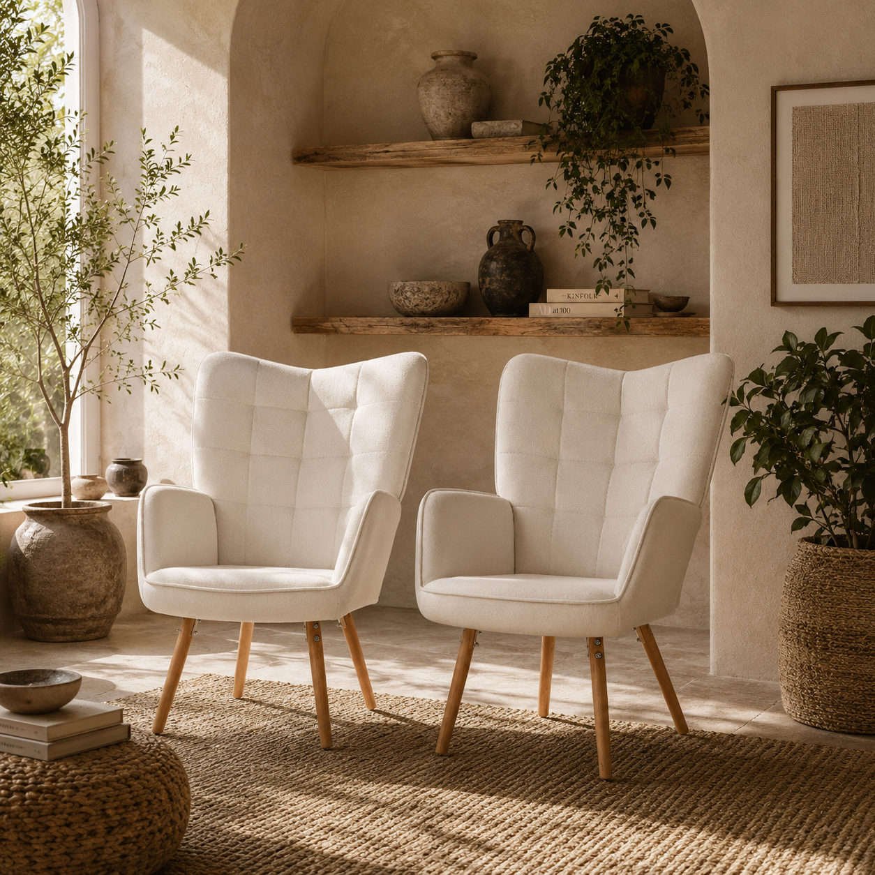 Haseto Velvet Cream White Wingback Accent Chairs Set Of 2 With Tufted Back And Wooden Legs