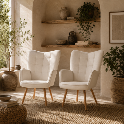 Haseto Velvet Cream White Wingback Accent Chairs Set Of 2 With Tufted Back And Wooden Legs