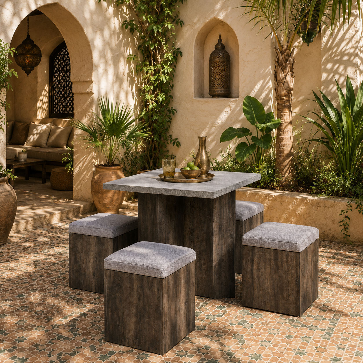 Nobael 5 Piece Metal And Wood Outdoor Dining Set With 4 Storage Stools Cushions And Table