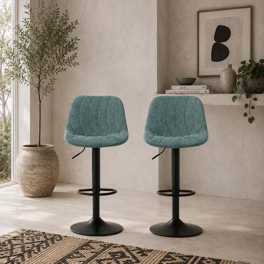 Loelne Fabric Blue Linen Look Bar Stools Set Of 2