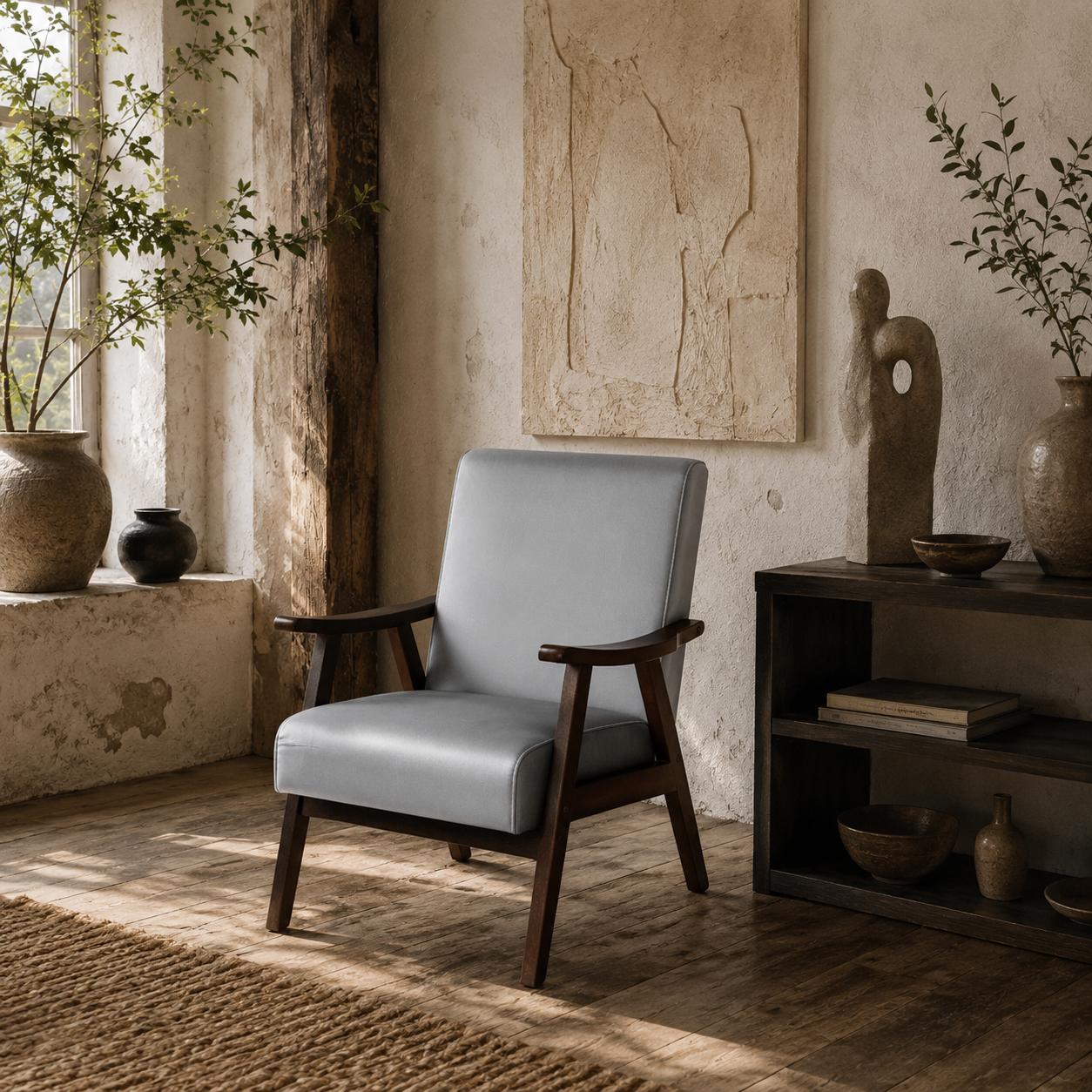 Faroro Velvet Grey Nordic Accent Armchair With Solid Wood Frame And Deep Padding