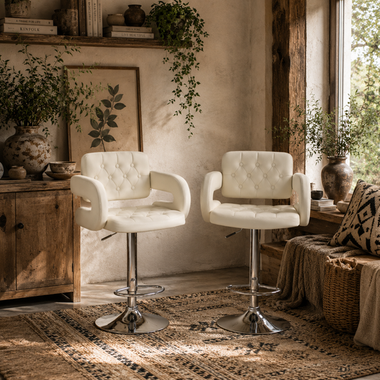 Senoke Faux Leather White Adjustable Swivel Bar Stools Set Of 2 With Back And Arm Support