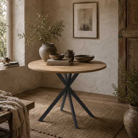 Luhalari Metal And Wood Oak Finish Industrial Dining Table Seating 4 120 cm