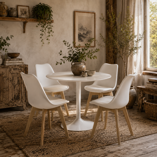 Vala Plastic and Wood White 5 Piece Modern Dining Table And Chair Set