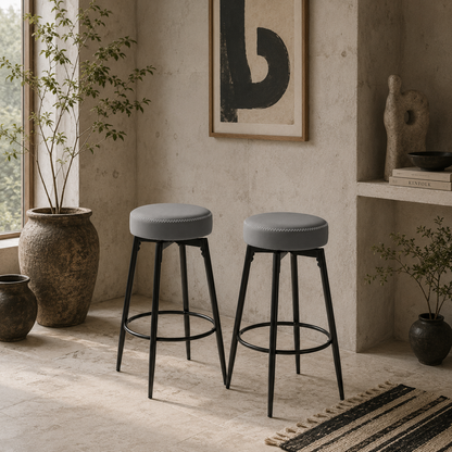 Relura Faux Leather Grey And Black Bar Stools Set Of 2 With Footrests