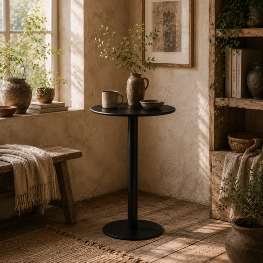 Lestaguette Metal And Wood Black Round Dining Table With Steel Base 60 x 60cm
