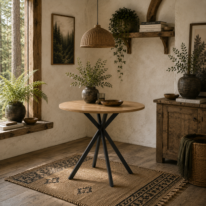Mihafi Metal And Wood White Oak Finish Industrial Round Dining Table 80cm