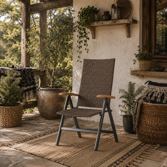 Halino Rattan Brown Folding Garden Dining Chair With 5 Position Reclining Back And Wooden Armrests