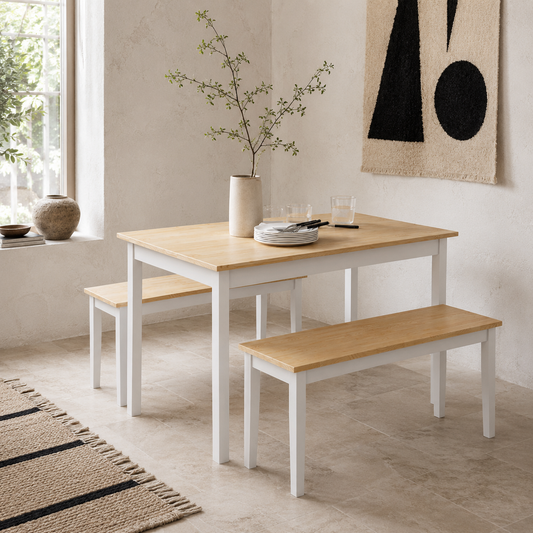 Nirosecco Solid Wood Natural And White Farmhouse Dining Table With Bench Set