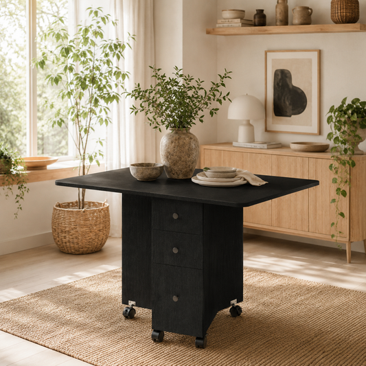 Midile Wooden Distressed Black Drop Leaf Dining Table With Storage Seating 6