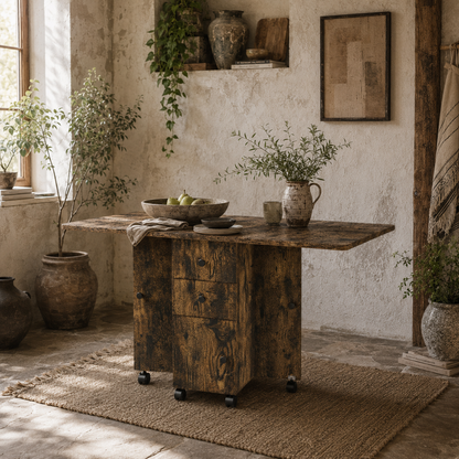 Lasado Wooden Rustic Brown Drop Leaf Dining Table With Storage Seating 6