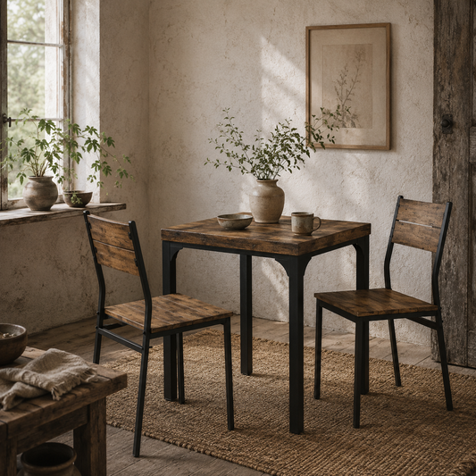 Lulila Wooden Rustic Brown 3 Piece Minimal Dining Table And Chair Set
