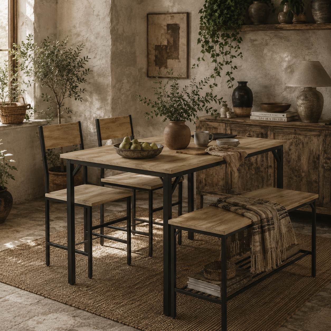 Kesudi Wooden Natural Square Dining Set Seating 4 With Bench